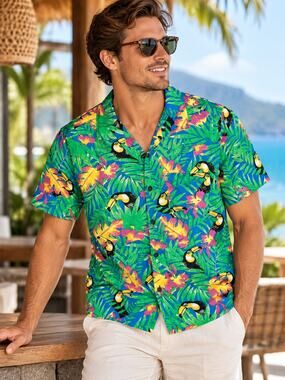 KEVIN’S Hawaiian Toucan Tropical Print Button Up Shirt Men’s Small Resort